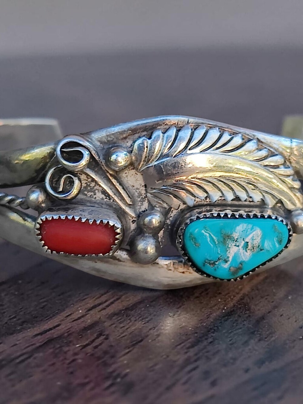 Vintage Sterling Silver Turquoise And Coral Cuff Bracelet